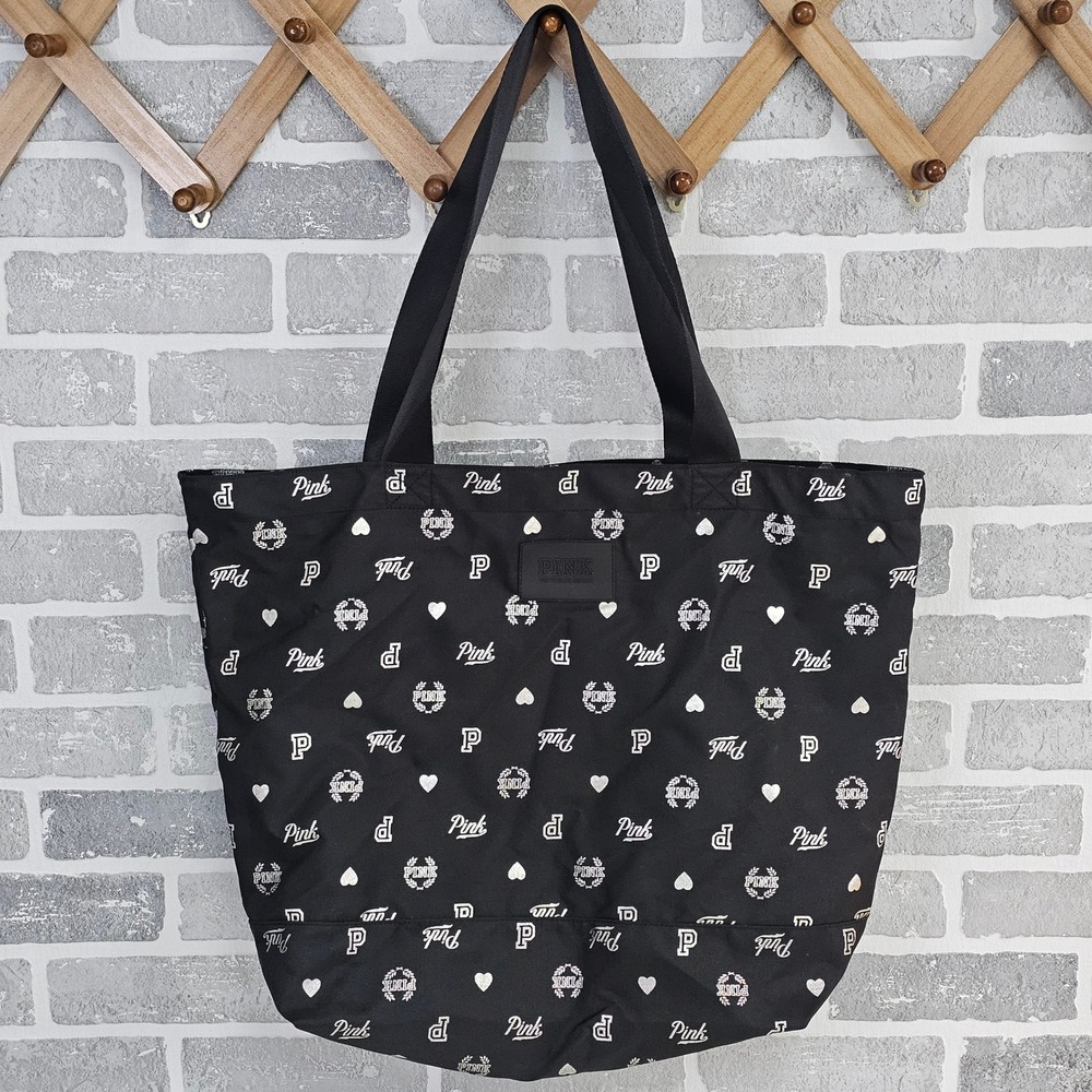 PINK Victoria's Secret‎ Black Tote Bag Logo Lightweight Travel Beach Shopper